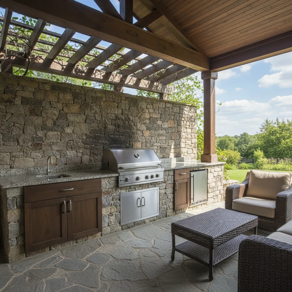 Outdoor grill placed safely away from porch wall with proper clearance