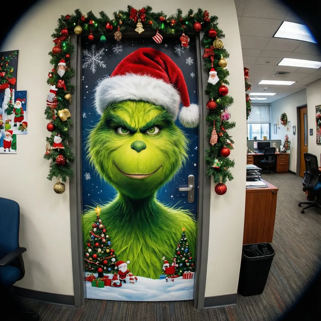 Grinch themed Christmas door decorating contest design with green character and red accents