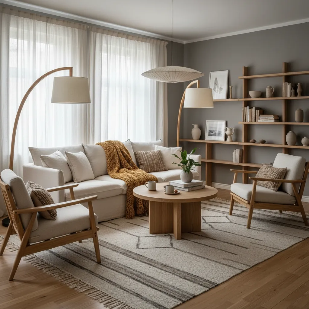 Salón gris combinado con muebles de madera natural