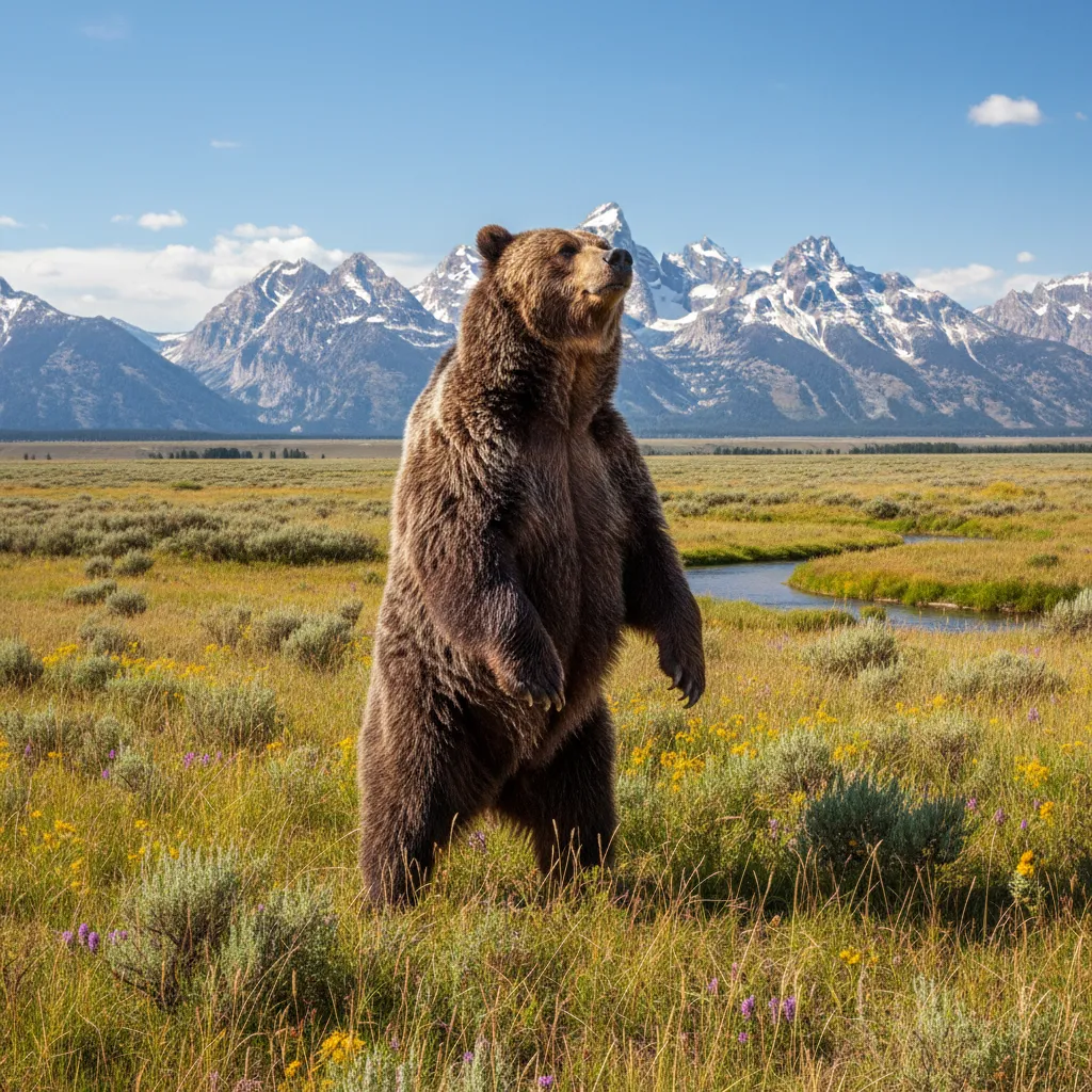 Large brown bear standing in a grassy field with a river and big snowy mountains