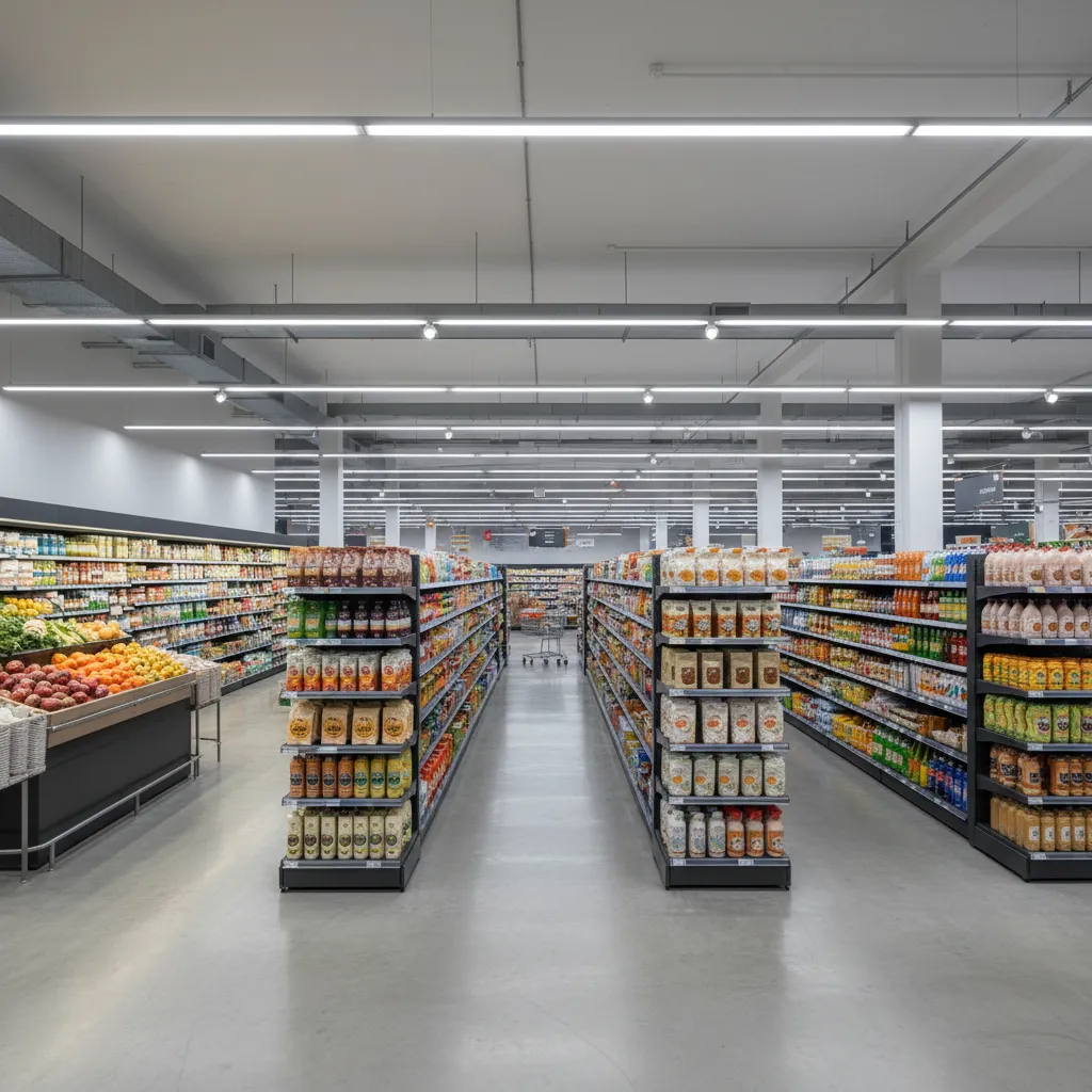 grocery store interior with grid layout aisles and product shelves