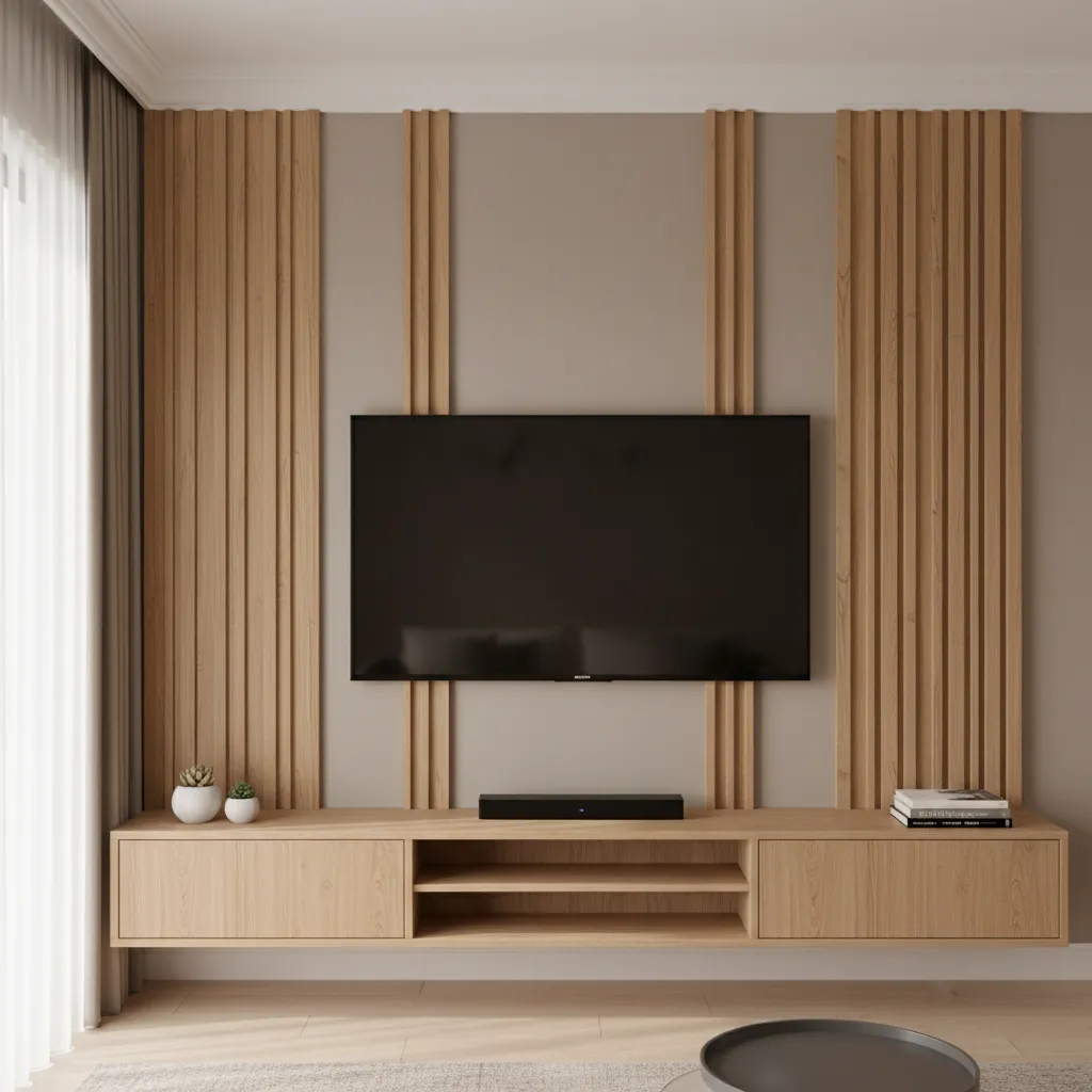 modern TV wall with symmetrical groove design layout