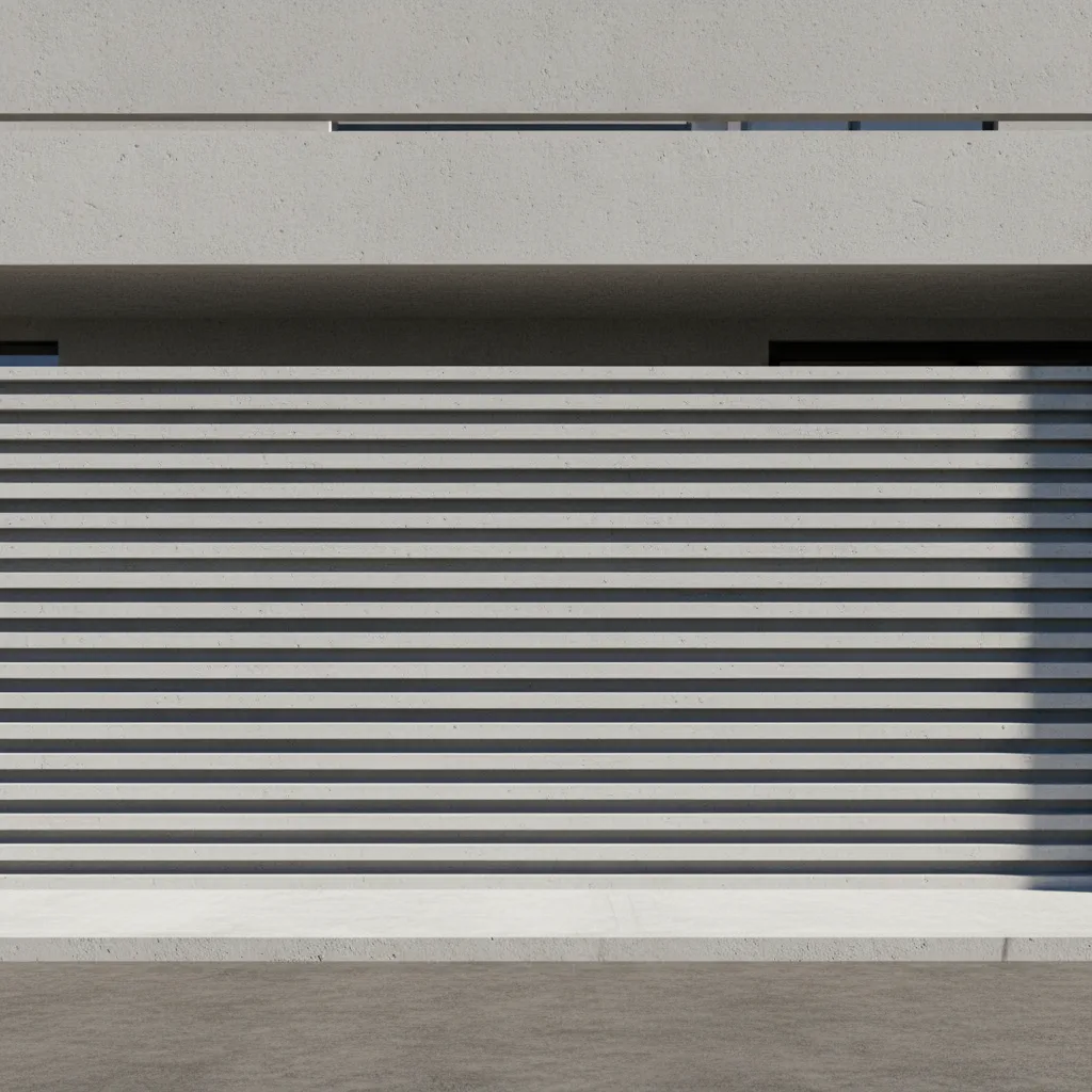 Modern grooved cement wall design with horizontal shadow lines on residential front facade