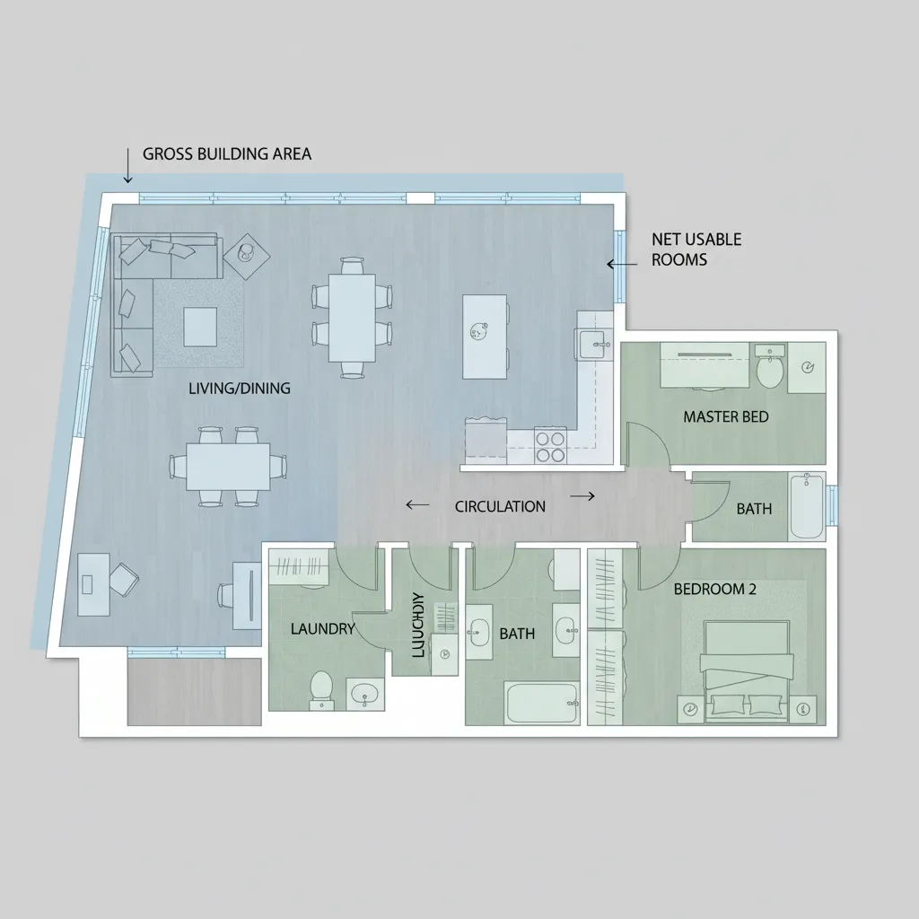 Floor plan showing difference between total building area and usable interior rooms