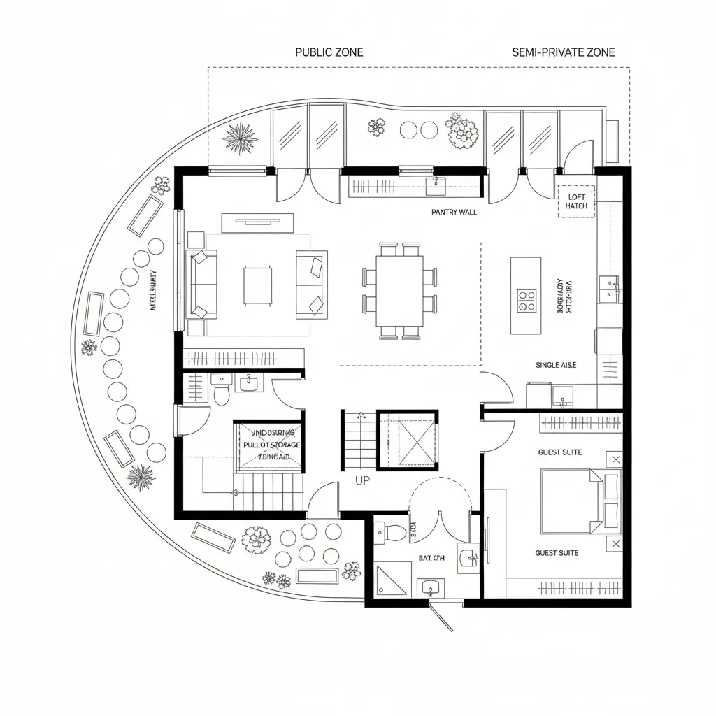 Ground level plan with living-dining-kitchen loop and courtyard