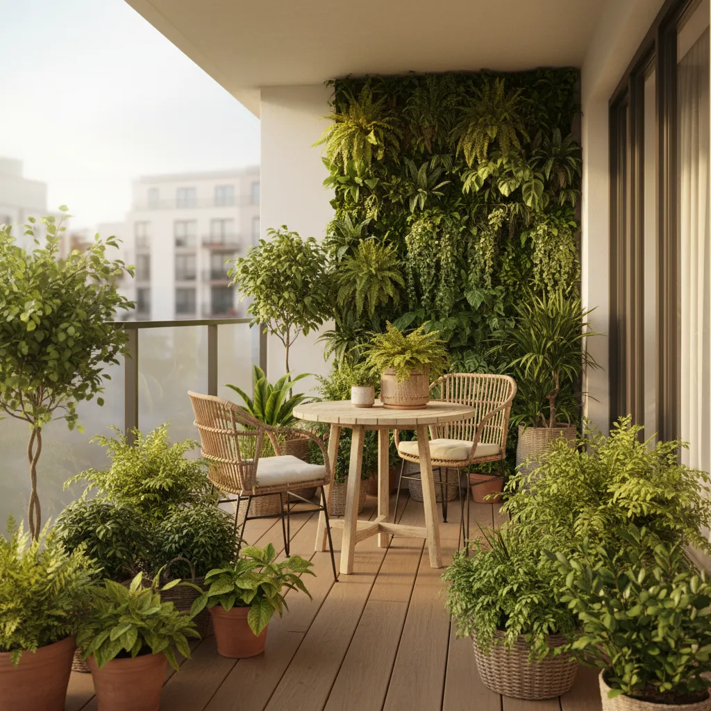 Ground floor balcony decorated with plants and small seating area