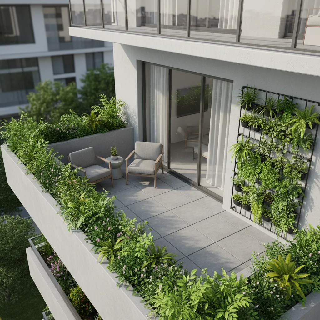 Ground floor balcony layout with planter buffer seating area and vertical garden wall