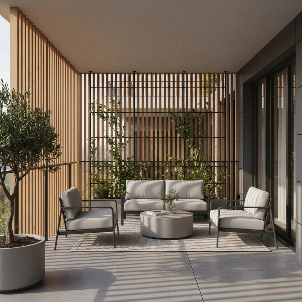 Ground floor balcony with wooden slatted privacy screens and climbing plants