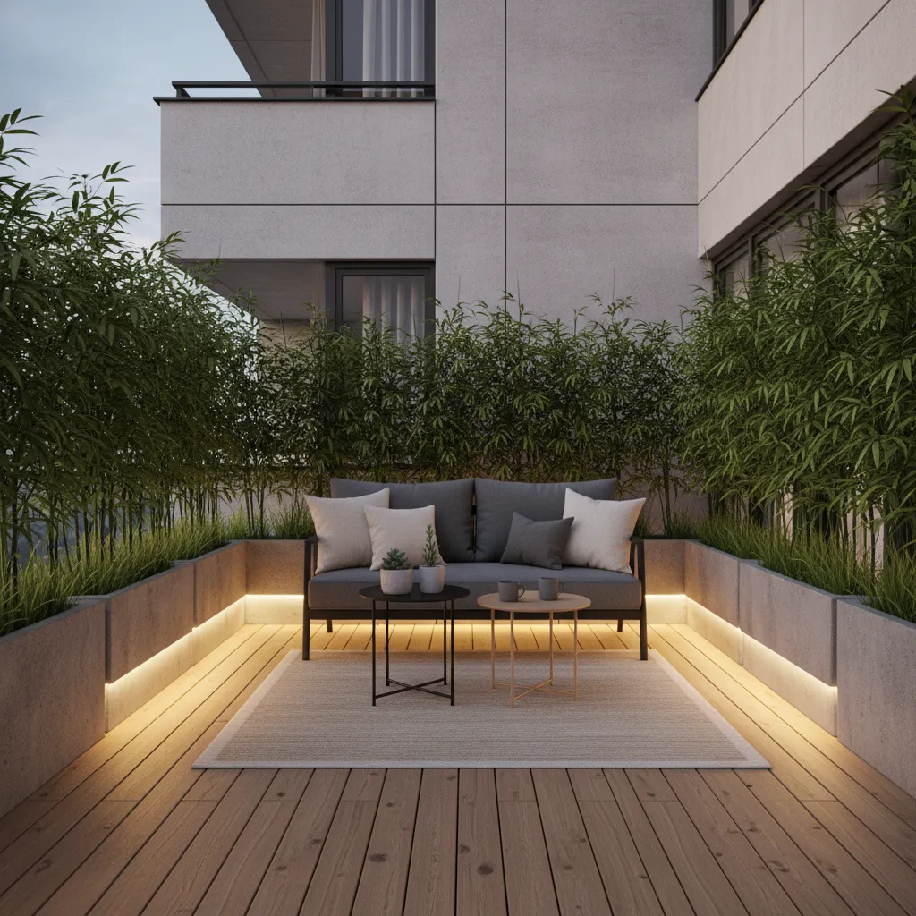 Ground floor balcony designed as a small outdoor lounge with plants and sofa seating