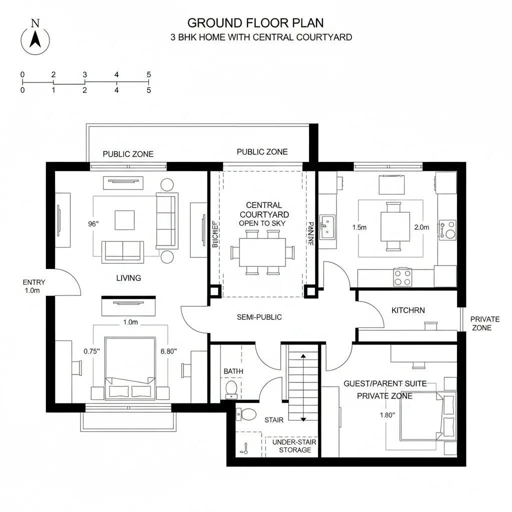 Ground Floor: Courtyard Spine with Hybrid Living
