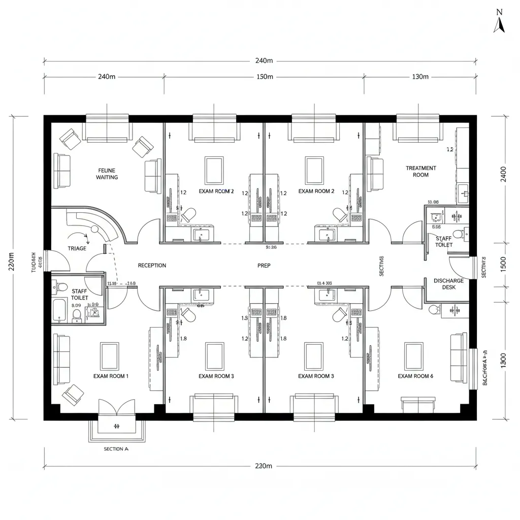 Ground floor plan showing species-specific waiting, triage, exam rooms, central prep, and treatment ring