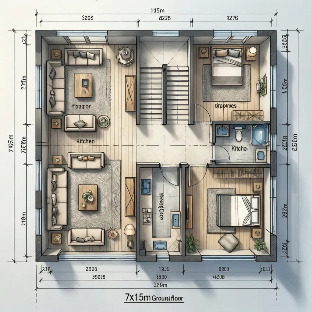 Interior design drawing showing ground floor house layout with kitchen stairs bedrooms and furniture details