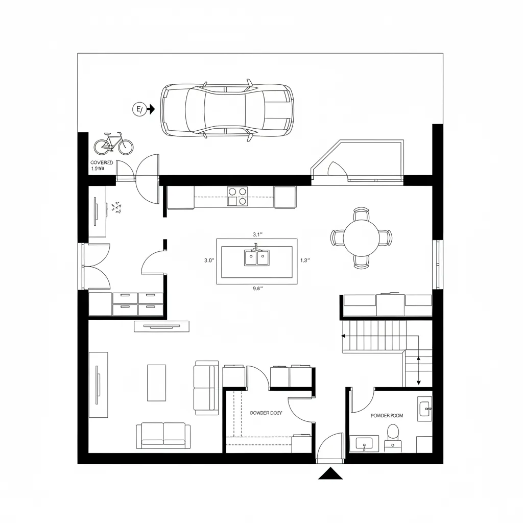 Ground floor top-down plan with side-by-side parking, entry drop zone, kitchen island, and living bay