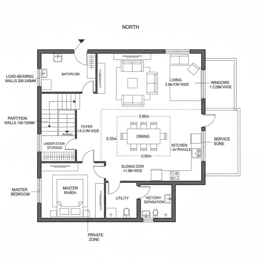 Ground floor plan layout showing a master bedroom living room kitchen dining area and foyer