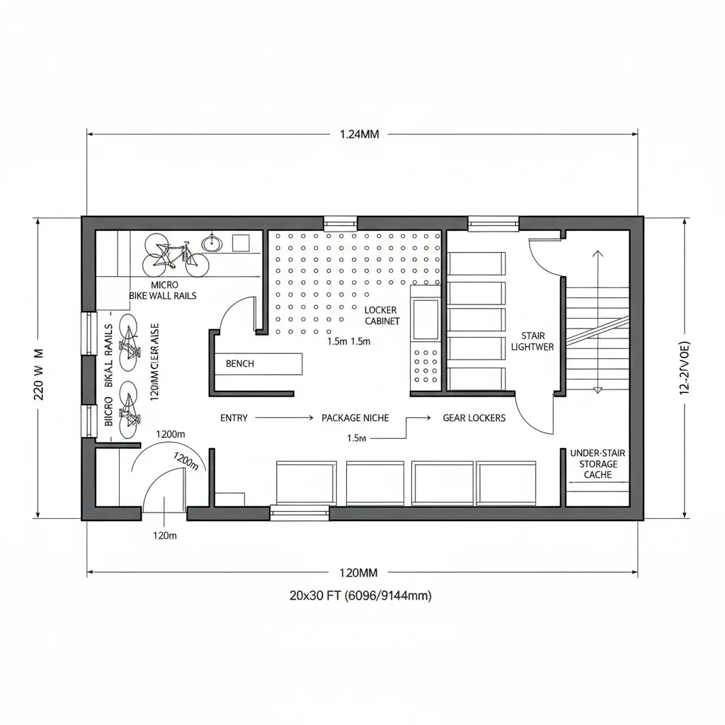 Top-down CAD plan of ground level entry, micro garage, and delivery hub