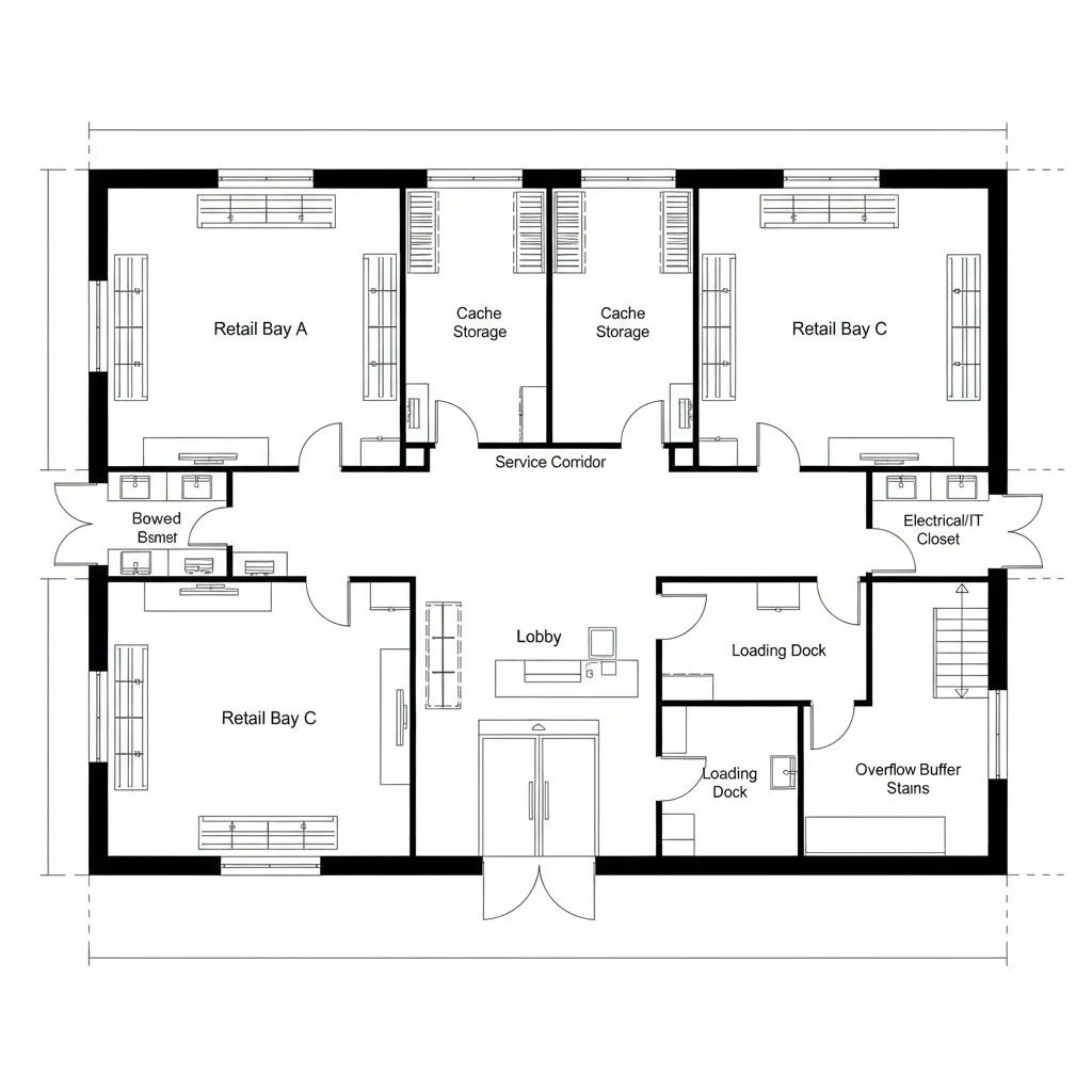 Top-down CAD plan of lobby, retail bays, service spine, and loading dock