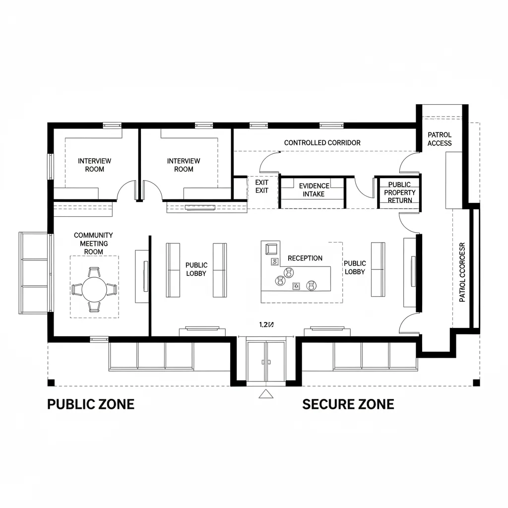Ground level floor plan interior design drawing showing a public lobby with reception and meeting rooms