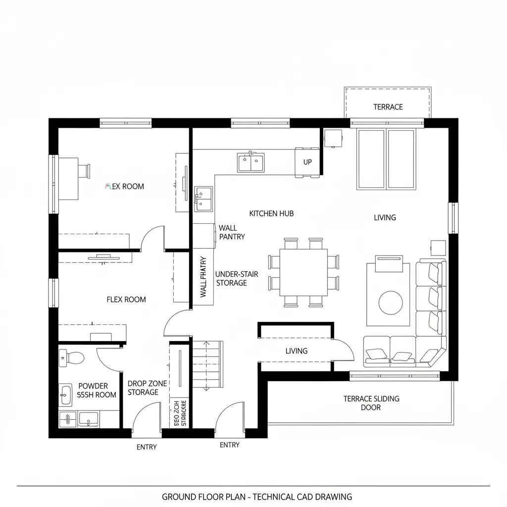 Technical interior design drawing of a ground floor plan with kitchen living and dining rooms