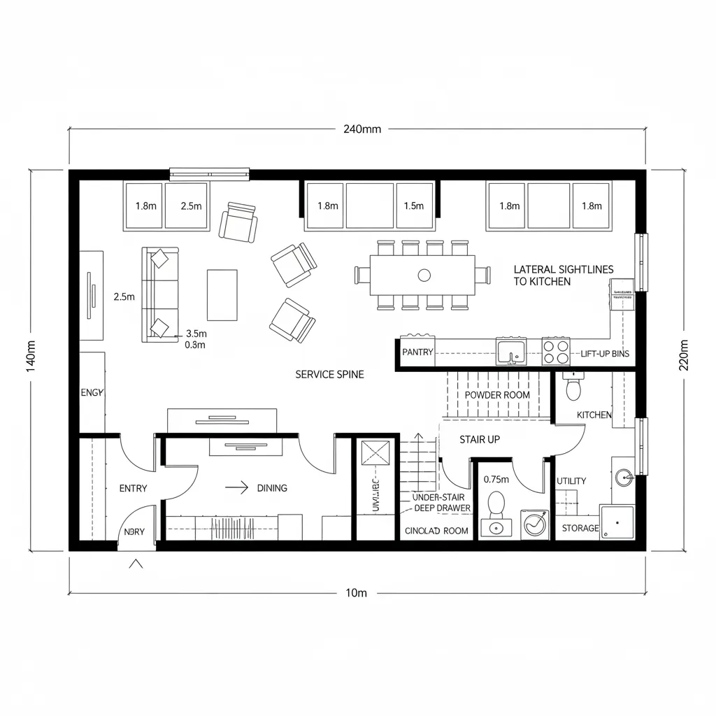 Ground Level: Looping Social Core + Service Spine