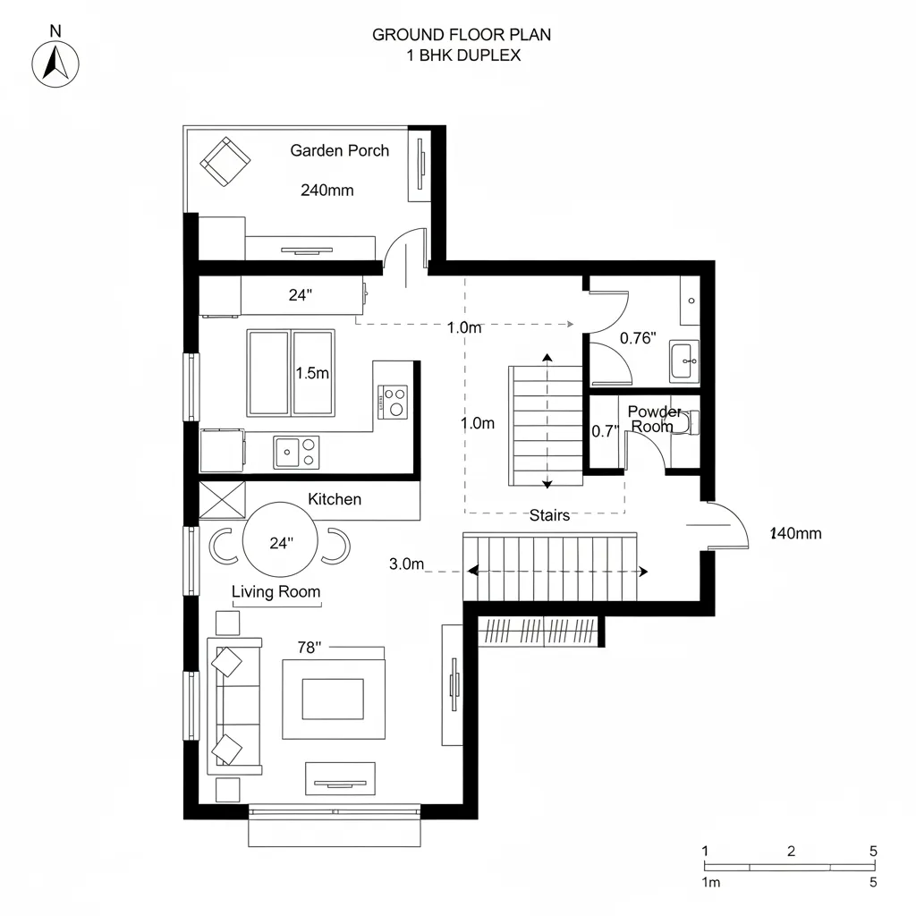 Ground floor plan with courtyard entry, linear kitchen, dining edge, living bay, powder room, and stair spine