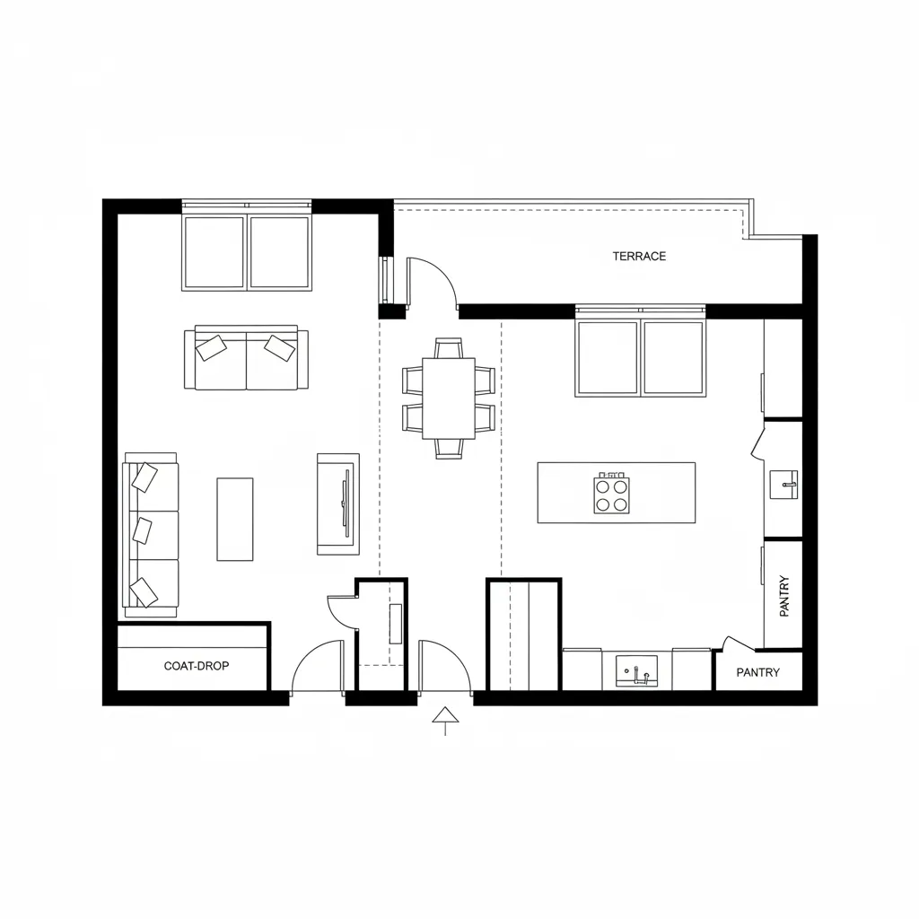 Modern open floor plan showing living room dining area kitchen island terrace and a small pantry