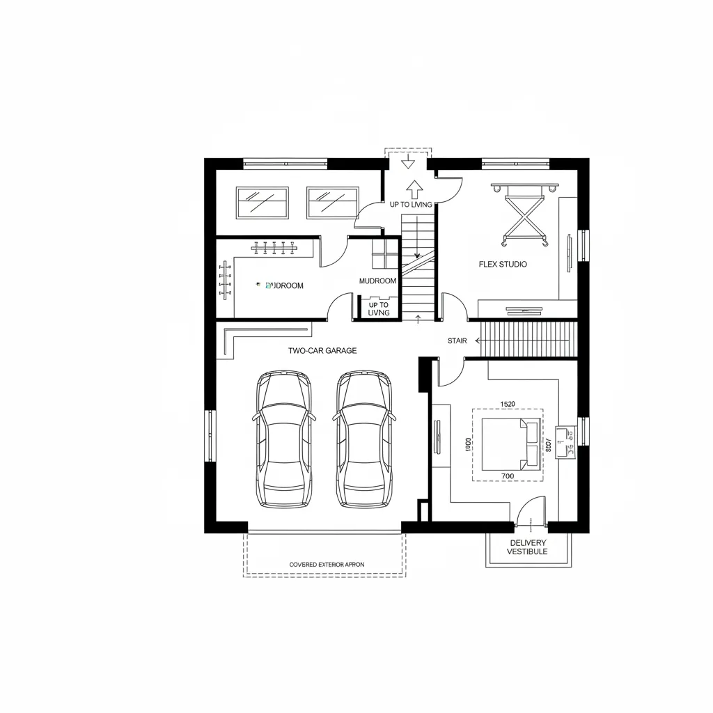 Ground-level duplex floor plan with garage spine, mudroom, flex studio, and delivery vestibule