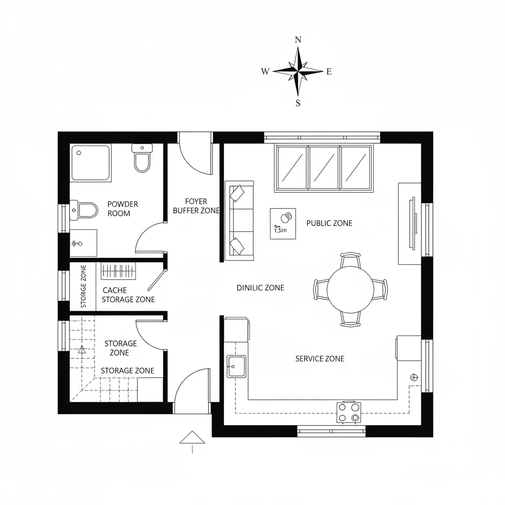Simple black and white floor plan layout with labeled zones for kitchen dining and living
