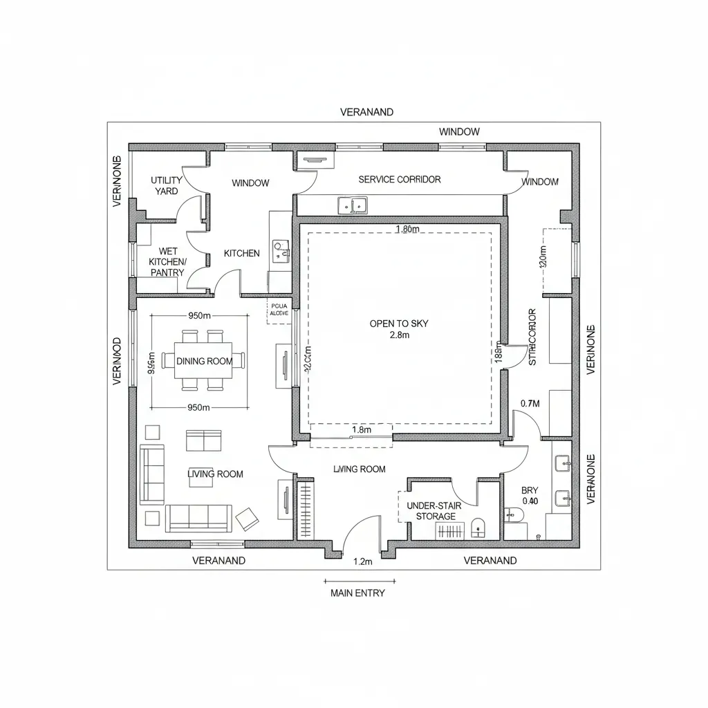 Top-down ground floor plan with verandah ring and central courtyard
