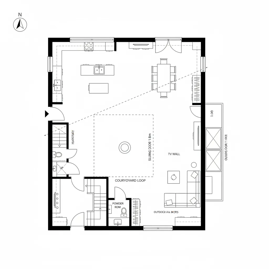 Ground-level U-shaped floor plan with courtyard-centered social spine