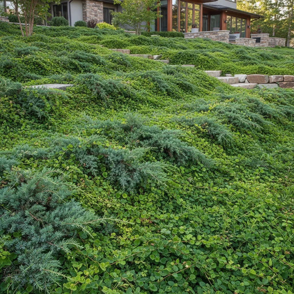 dense creeping groundcover plants covering a landscaped slope