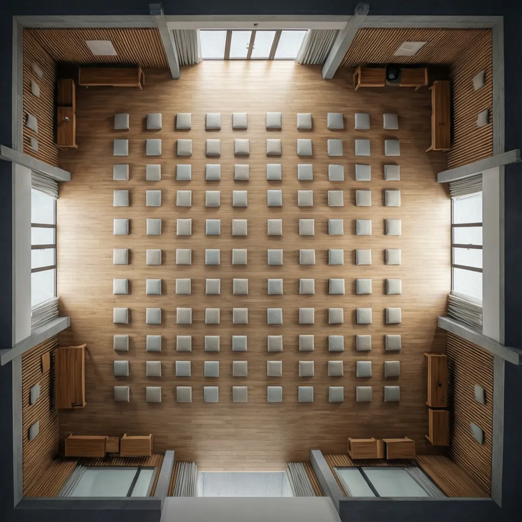 top view layout of group meditation hall seating arrangement