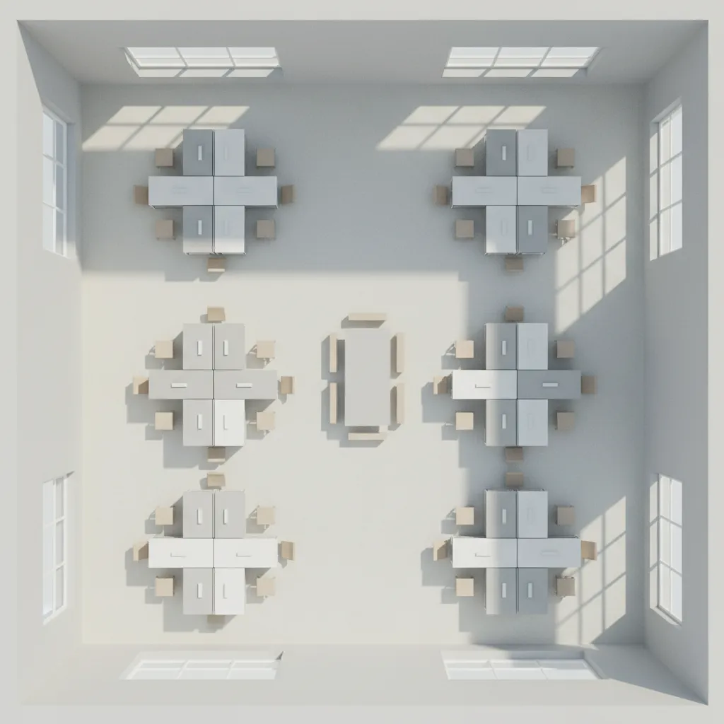 Grouped office desks and furniture blocks used for efficient layout editing