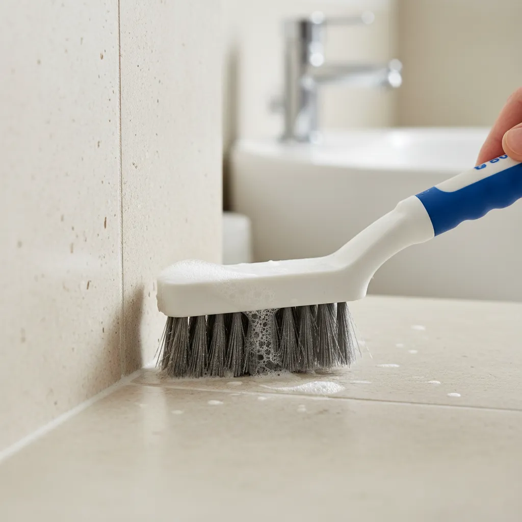 Detail brush cleaning grout lines between bathroom tiles