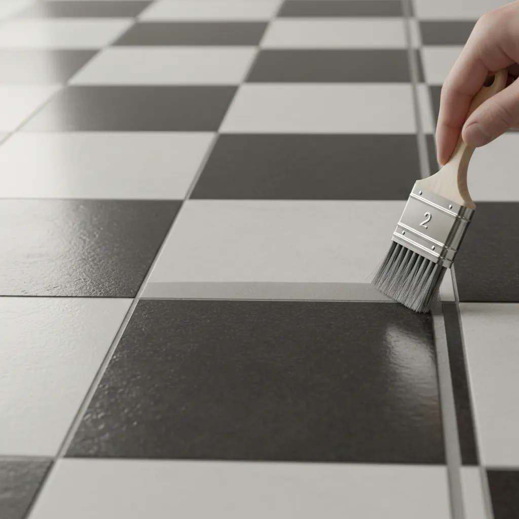 applying grout sealant to checkerboard tile floor