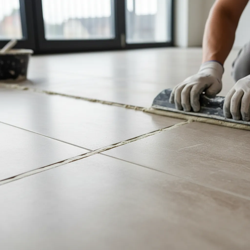 Applying grout between floor tiles during installation