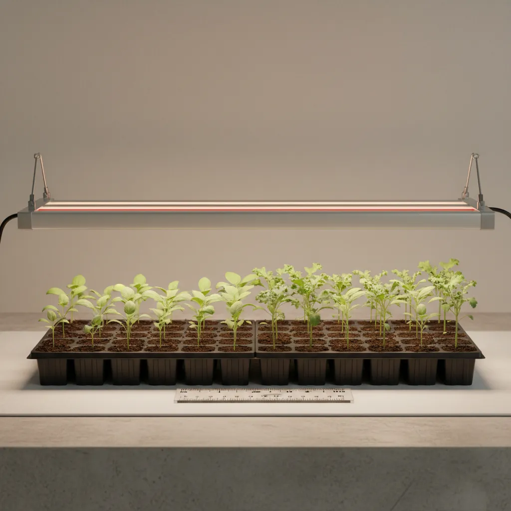 Demonstration of proper distance between LED grow light and seedlings