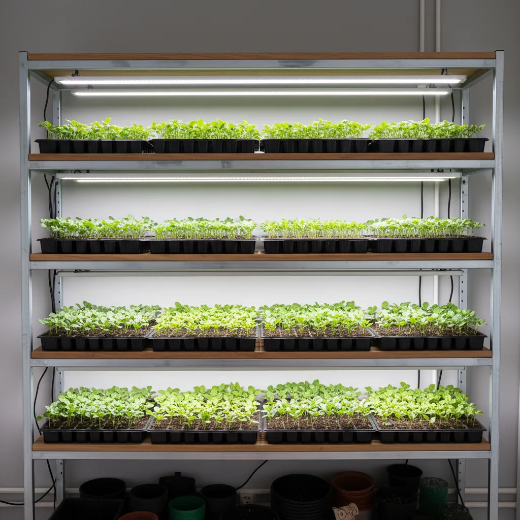 Indoor grow light positioned a few inches above healthy seedlings