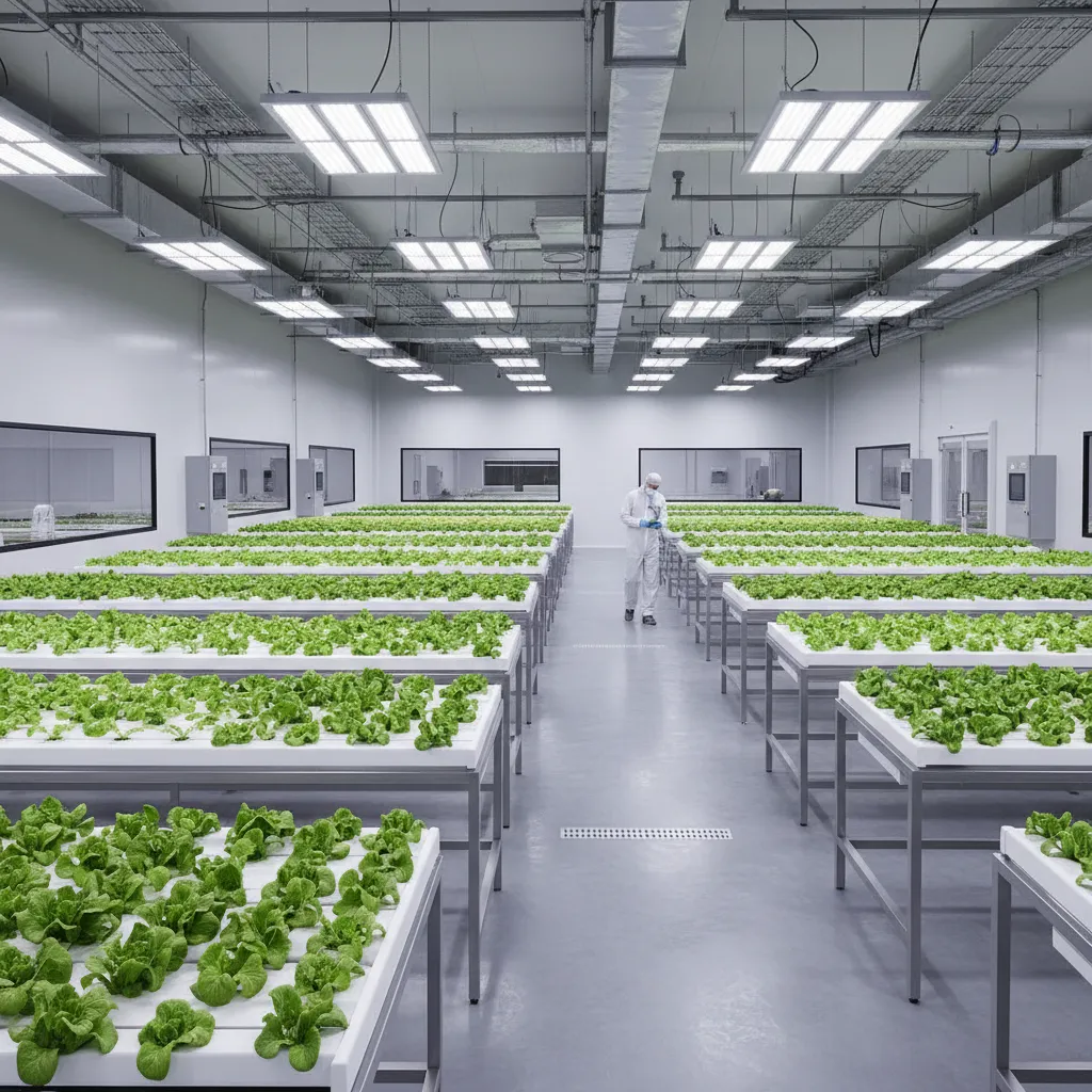 Indoor grow tables with clearly spaced aisles for worker access