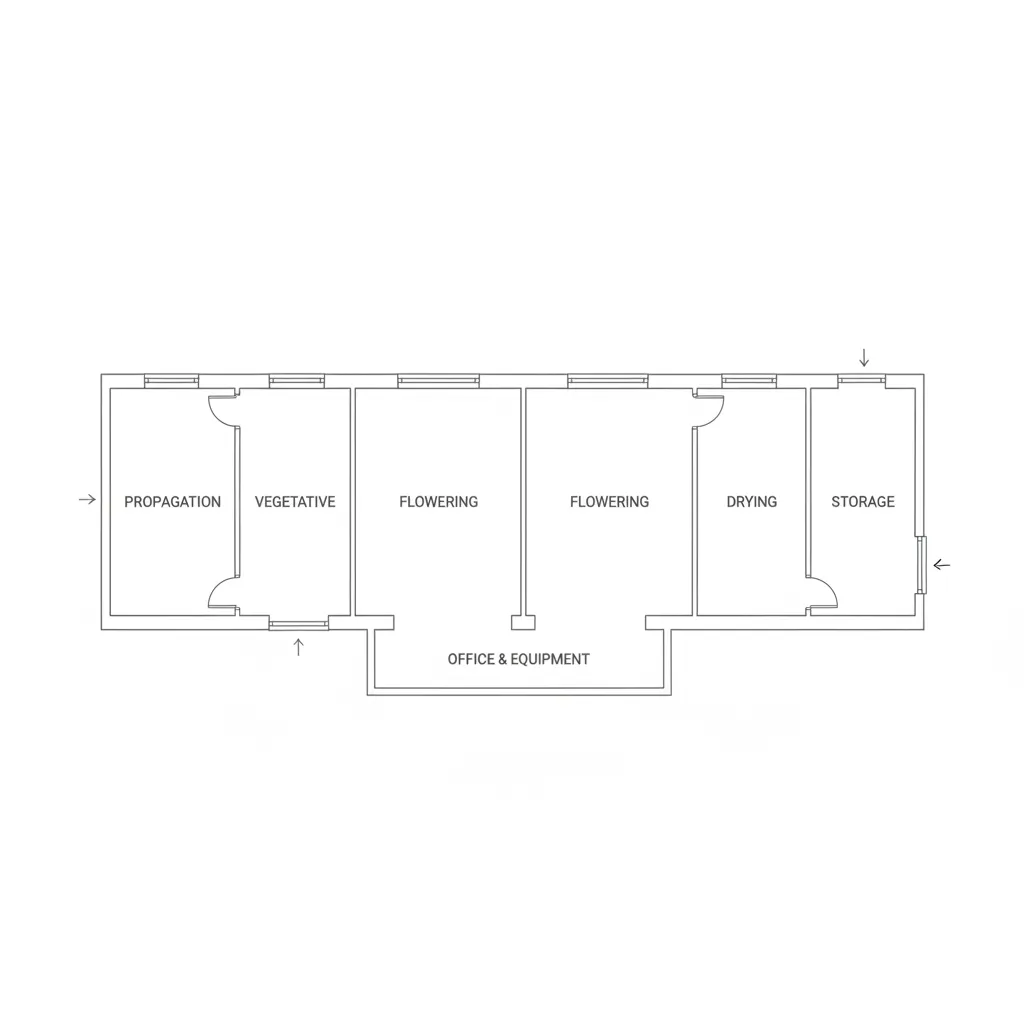 Diagram style layout showing propagation vegetative and flowering rooms in a grow facility