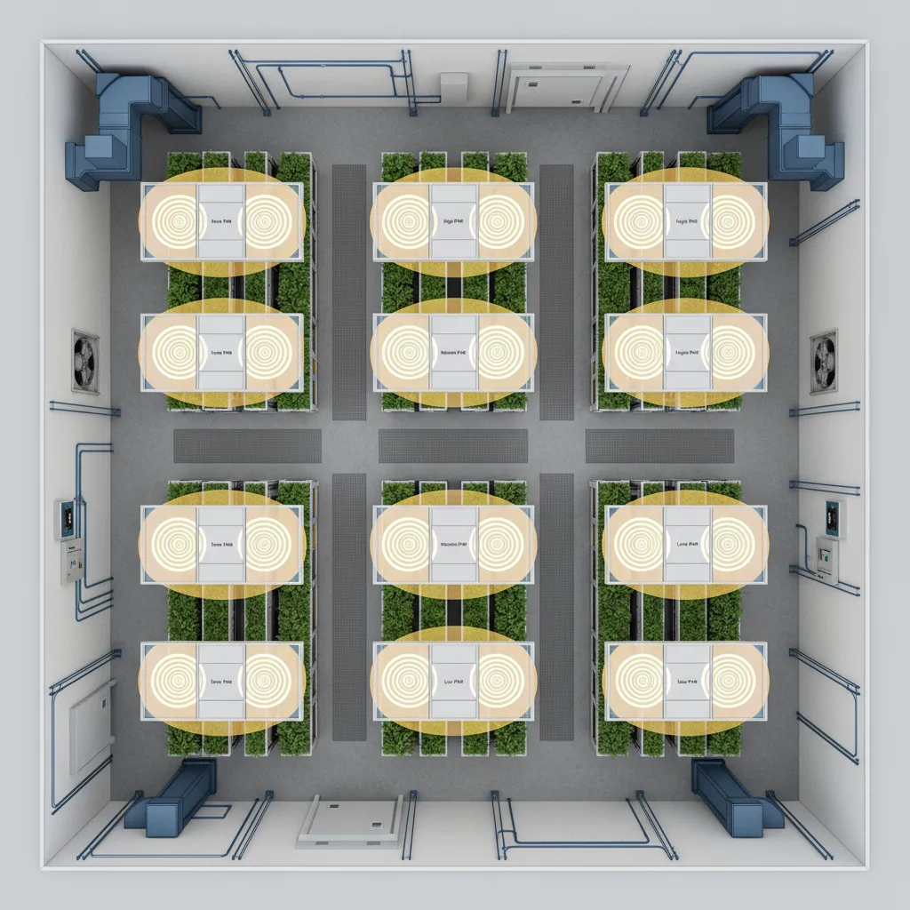 Top view layout of indoor grow room showing lighting coverage zones