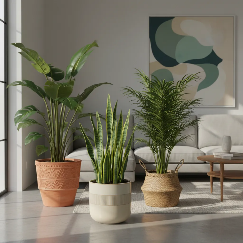 Grupo de plantas de diferentes tamaños decorando una esquina del salón