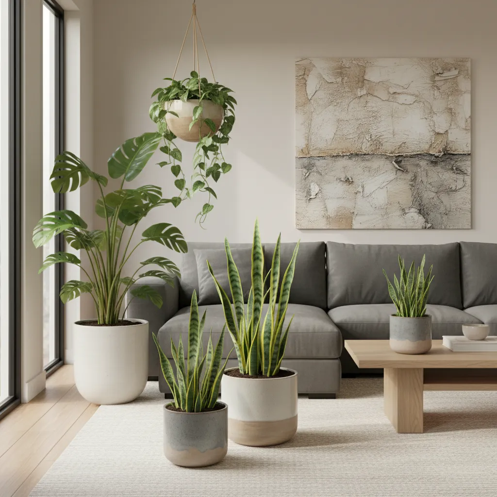 Modern living room featuring grey sofa and green indoor plants in white and grey pots