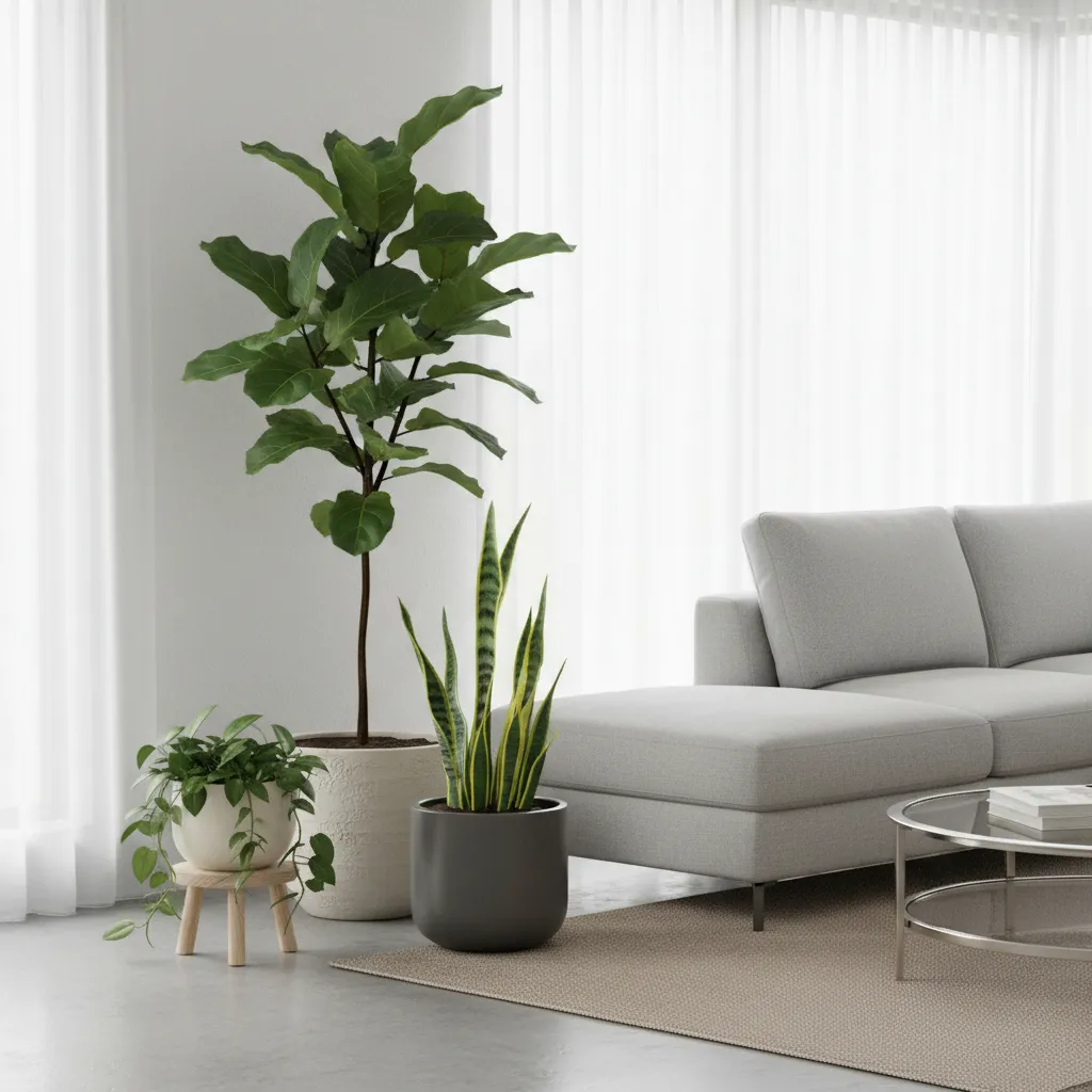 Grupo de tres plantas decorativas con diferentes alturas