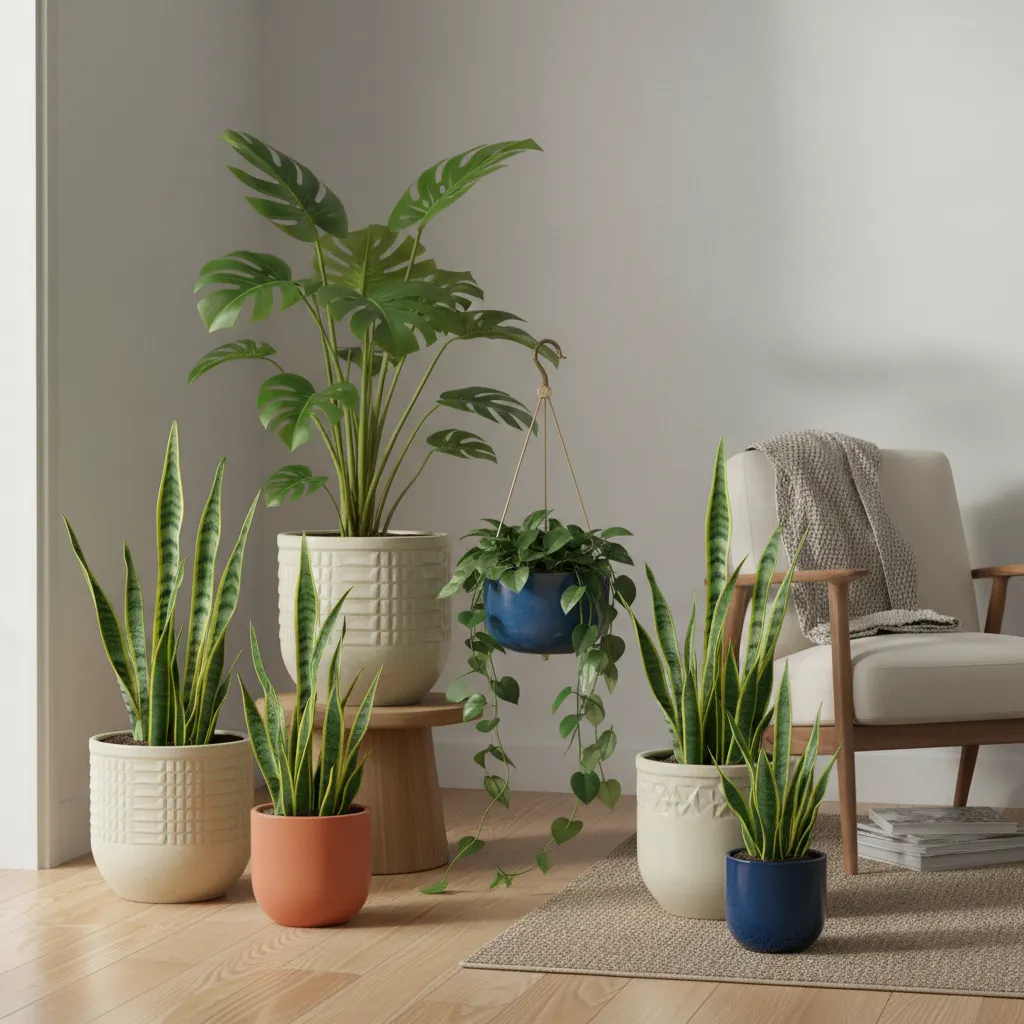 Grupo de plantas de diferentes alturas en macetas decorativas