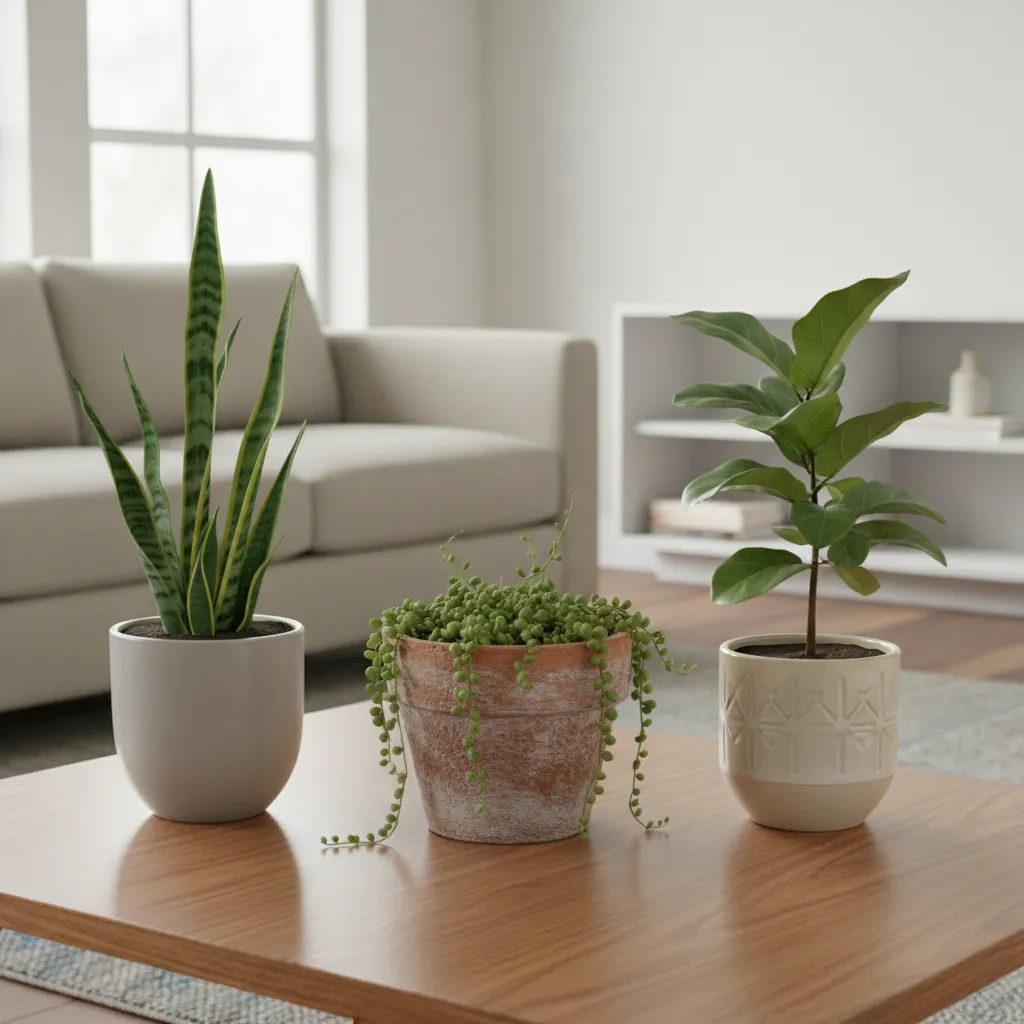 Composición de tres plantas pequeñas en diferentes macetas