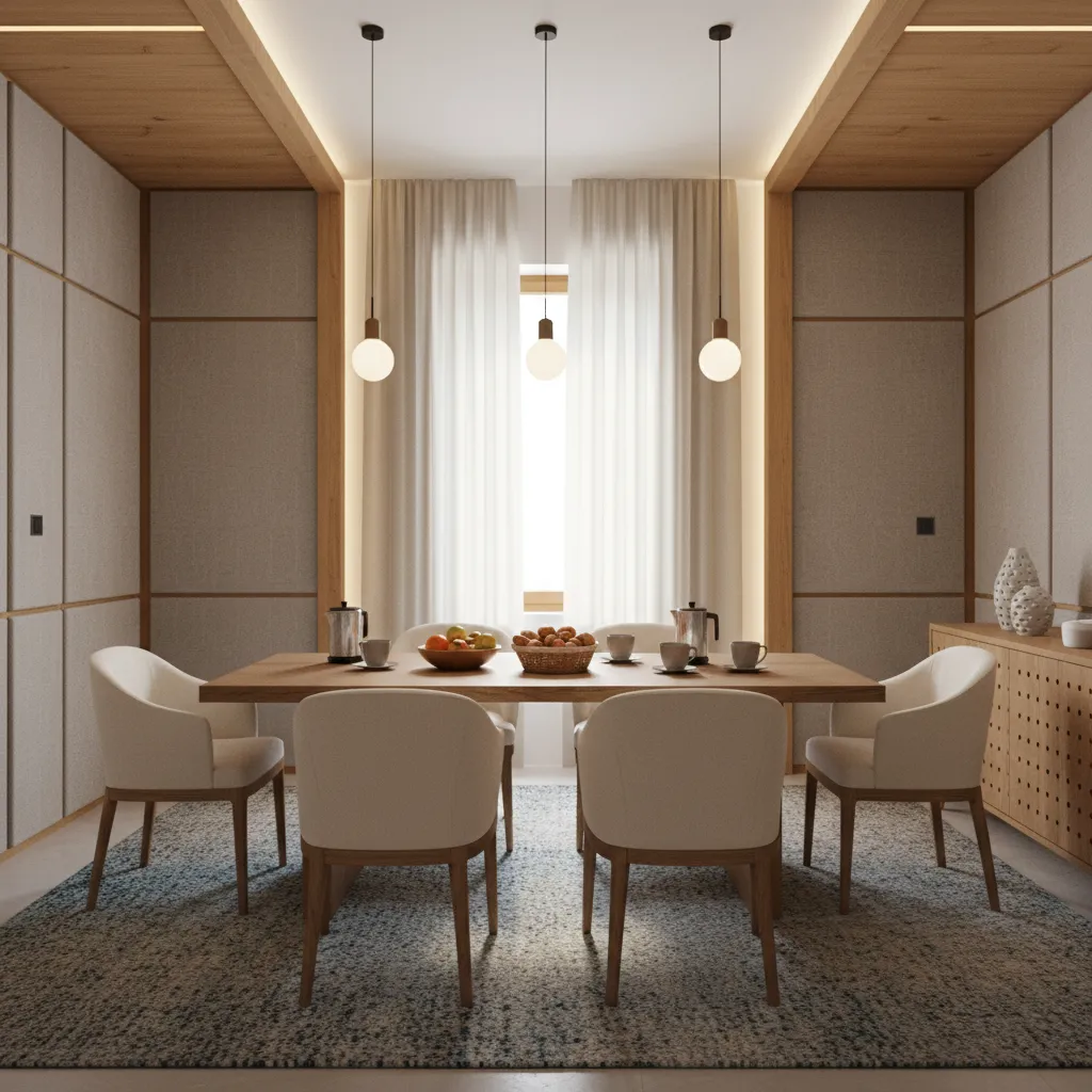 Dining room with rugs upholstered chairs and wall panels for sound control