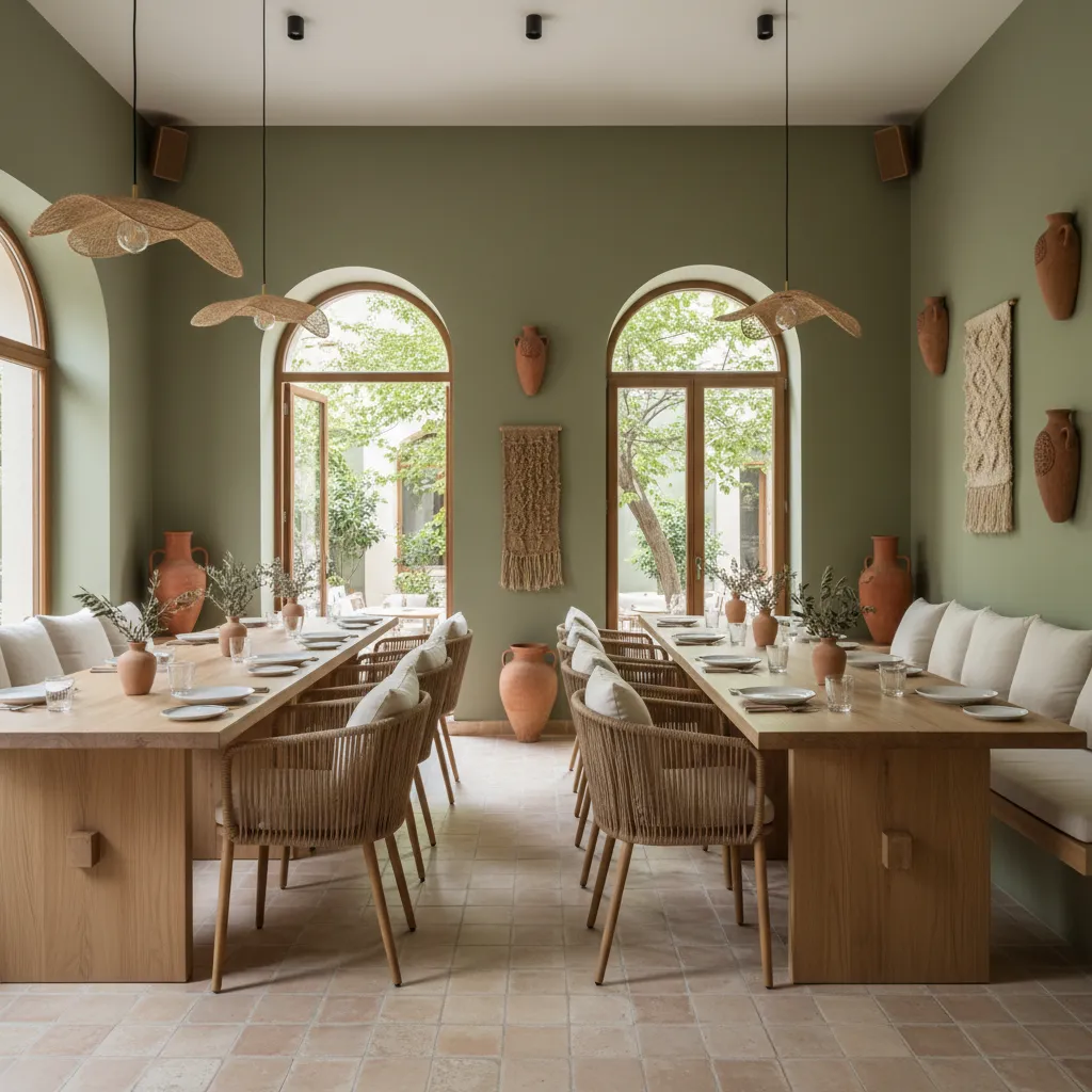 Guest house dining room with earthy tones olive green walls and terracotta accents