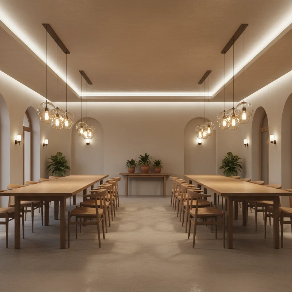 Guest house dining room with layered pendant lighting over tables