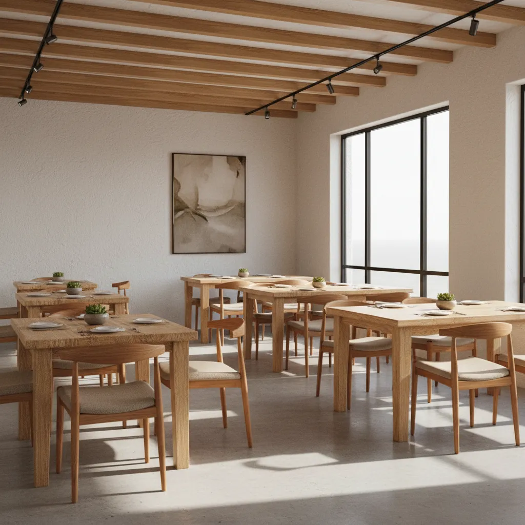 Boutique guest house dining room interior with durable tables and easy clean surfaces