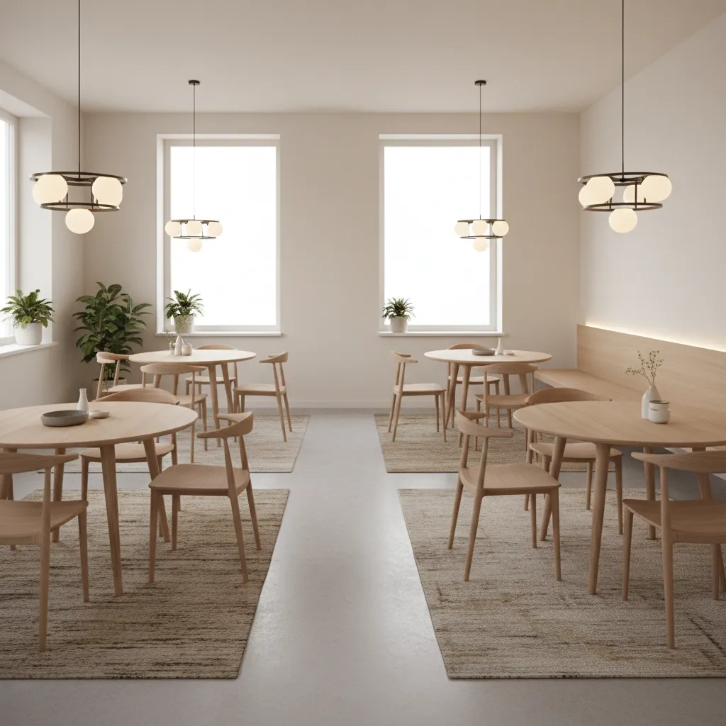 Small guest house dining room interior with organized tables and natural lighting